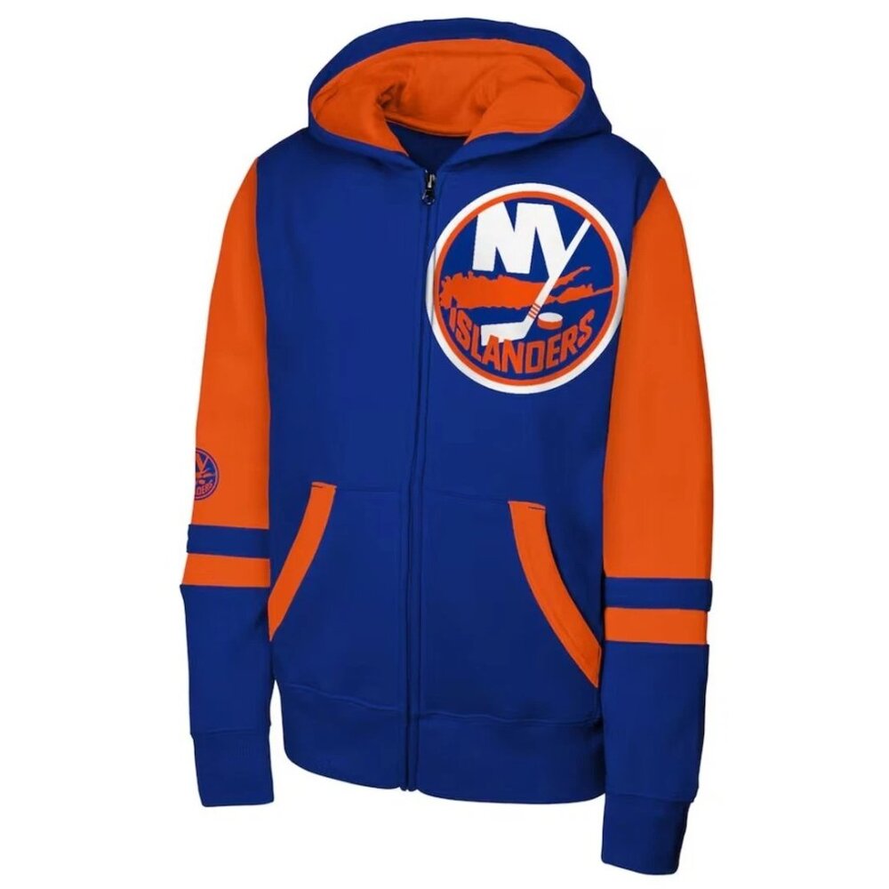 Youth L 14/16 Royal NY Islanders Faceoff Colorblock Fleece Full-Zip Hoodie New - Picture 3 of 9